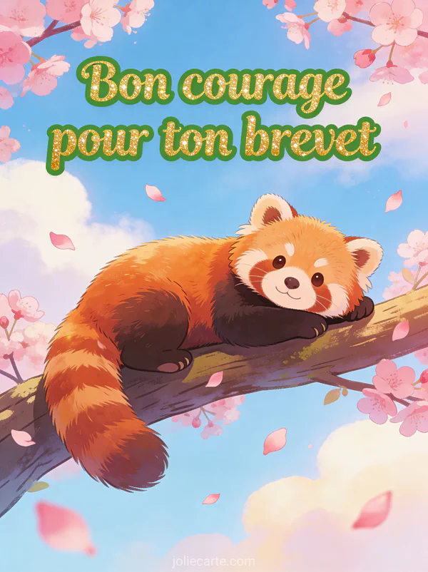 Panda roux allongé sur une branche d'arbre en fleurs de cerisier avec pétales roses qui tombent et ciel bleu clair avec le texte Bon courage pour ton brevet