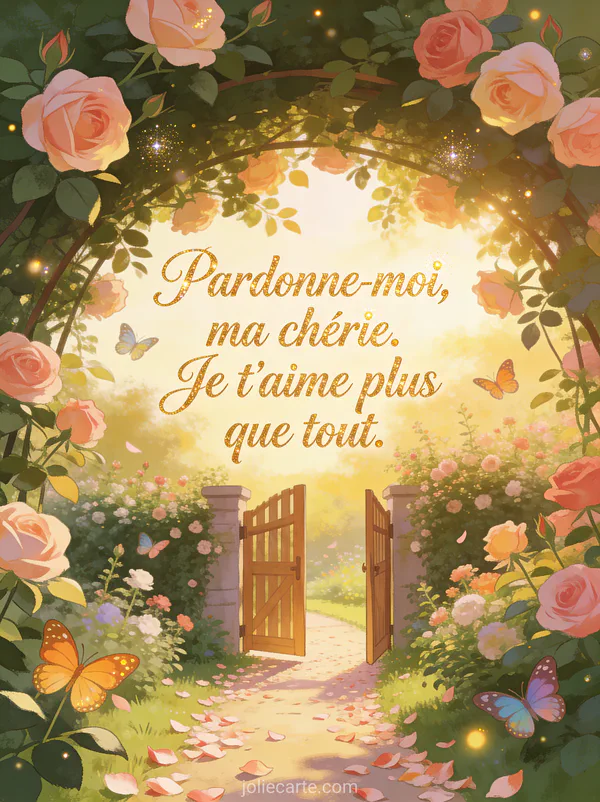 Jardin de roses anglaises en fleurs avec un petit portail en bois ouvert, des papillons colorés et un texte de pardon en lettres dorées