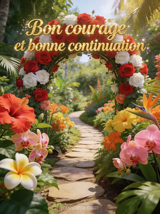 Sentier serpentant à travers un jardin botanique luxuriant avec fleurs tropicales colorées et arche de roses avec le texte Bon courage et bonne continuation