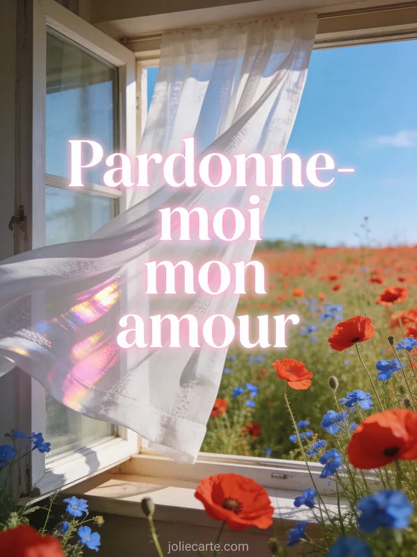 Fenêtre ouverte avec des rideaux blancs au vent et vue sur un champ de coquelicots sous un ciel bleu avec le texte Pardonne-moi