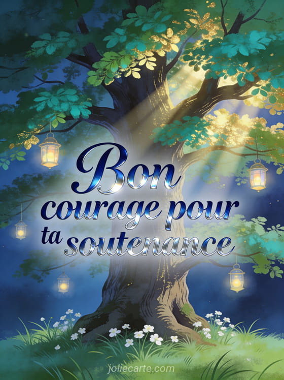 Grand chêne majestueux avec feuilles vert émeraude illuminées par des rayons de soleil dorés et petites lanternes lumineuses suspendues avec le texte Bon courage pour ta soutenance