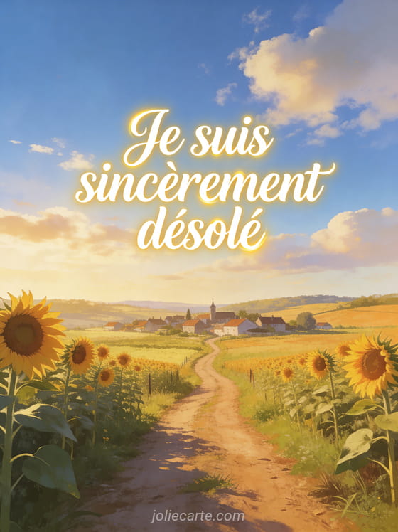 Chemin de campagne menant à un village avec des champs de tournesols sous un ciel bleu et le texte Je suis sincèrement désolé
