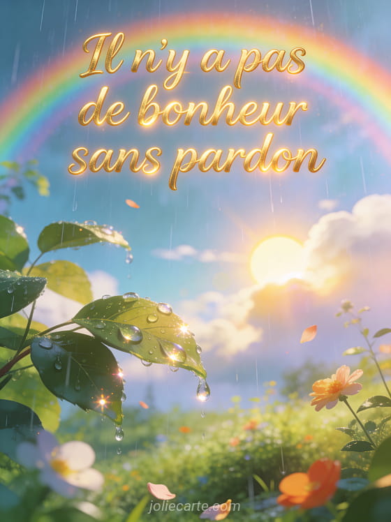 Arc-en-ciel lumineux au-dessus d'un paysage verdoyant après la pluie avec des fleurs et une phrase sur le pardon en lettres dorées