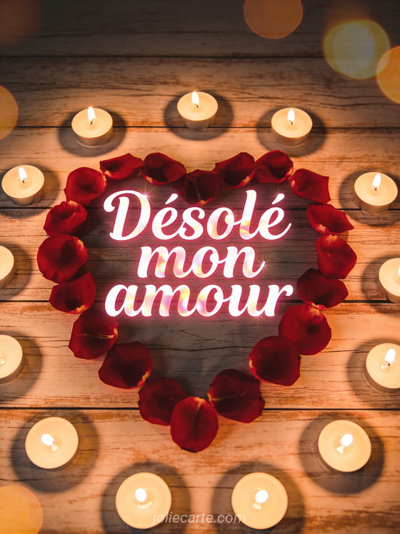 Coeur en pétales de roses rouges sur un fond de bois patiné avec des bougies allumées et le texte Désolé mon amour