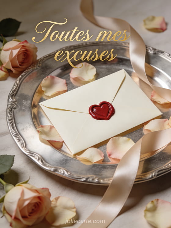 Enveloppe crème cachetée avec un sceau de cire rouge en forme de coeur sur un plateau argenté avec des pétales de roses