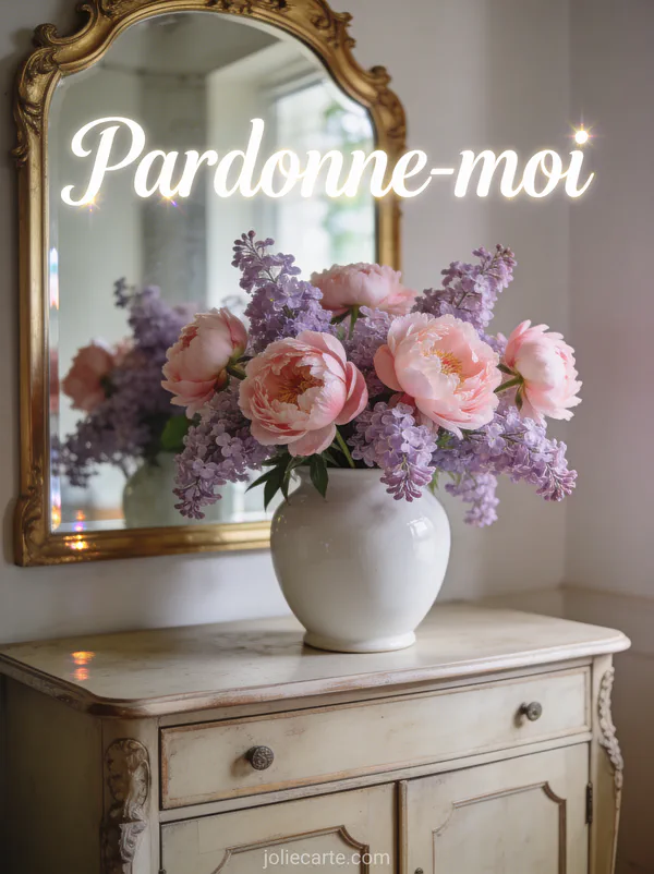 Vase en céramique blanche rempli de pivoines roses et de lilas mauves sur un meuble ancien avec un miroir doré et le texte Pardonne-moi