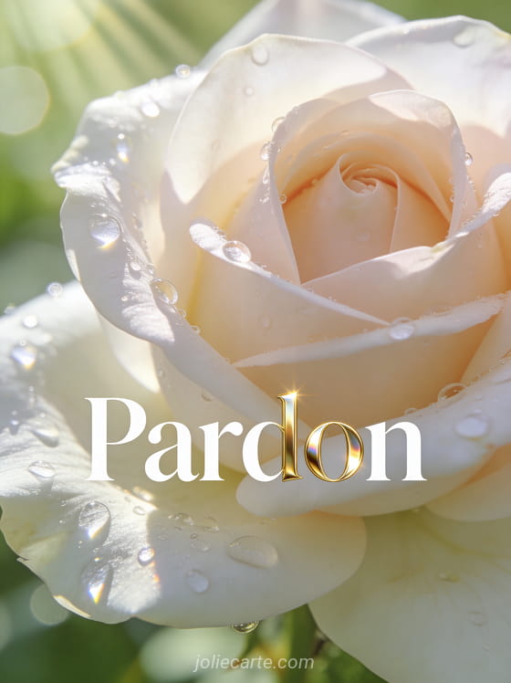Rose rose pâle en gros plan avec des gouttelettes de rosée sur ses pétales et le texte Pardon en lettres blanches, style photoréaliste macro