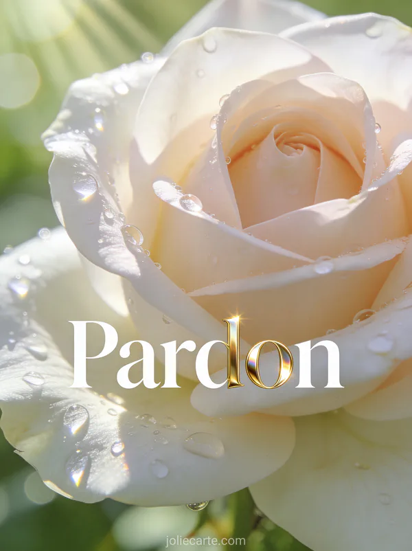 Rose rose pâle en gros plan avec des gouttelettes de rosée sur ses pétales et le texte Pardon en lettres blanches, style photoréaliste macro