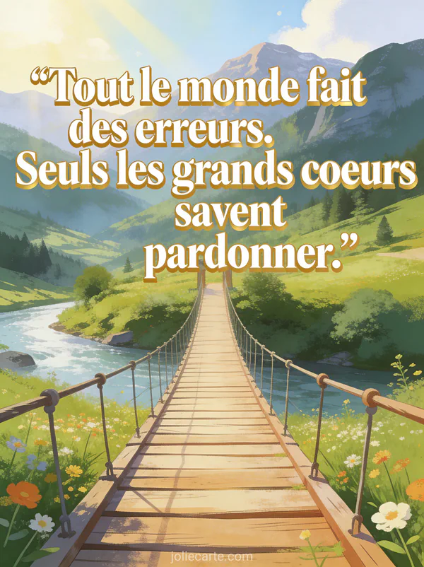 Pont suspendu en bois traversant une vallée verdoyante avec une rivière et des montagnes sous un ciel lumineux, style paysage lumineux