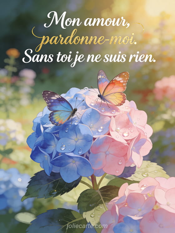 Couple de papillons aux ailes colorées posés sur une fleur d'hortensia bleu et rose avec des gouttes de rosée dans un jardin ensoleillé