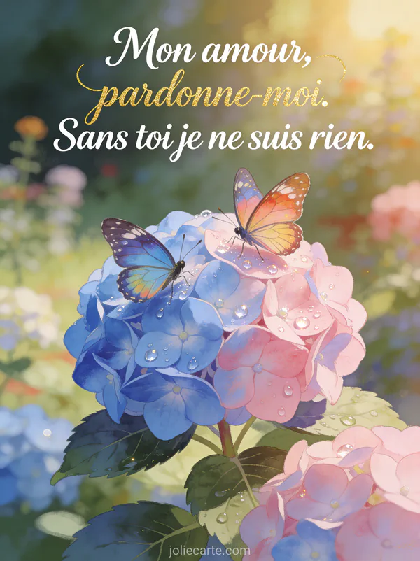 Couple de papillons aux ailes colorées posés sur une fleur d'hortensia bleu et rose avec des gouttes de rosée dans un jardin ensoleillé