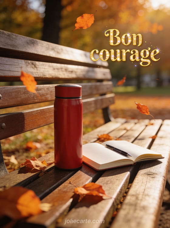Nature morte avec un thermos rouge, un carnet ouvert et un stylo sur un banc en bois dans un parc automnal avec le texte Bon courage