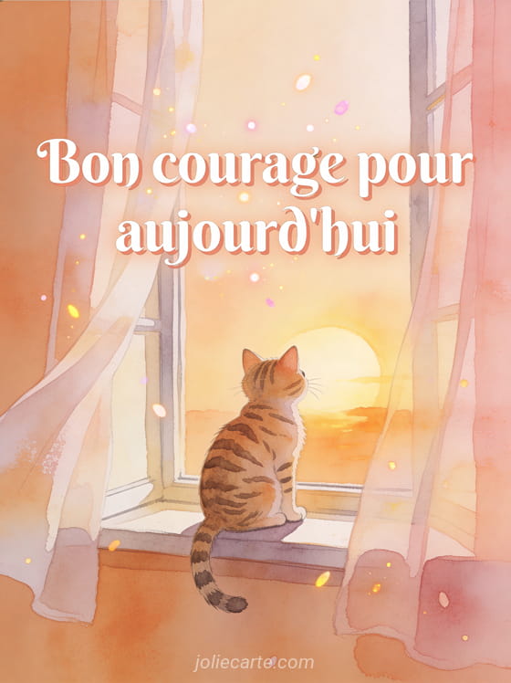 Petit chat tigré assis sur un rebord de fenêtre regardant le lever de soleil aux teintes abricot et rose avec le texte Bon courage pour aujourd'hui