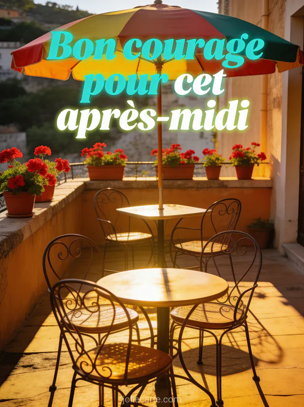 Terrasse de café ensoleillée avec chaises en fer forgé, parasol coloré et géraniums rouges en pots avec le texte Bon courage pour cet après-midi