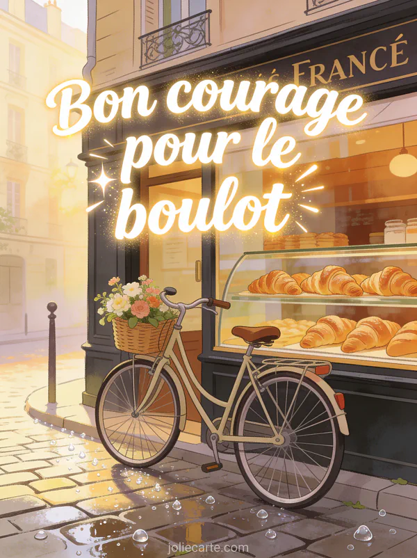 Vélo garé devant une boulangerie française au matin avec des croissants dorés en vitrine et un panier de fleurs avec le texte Bon courage pour le boulot