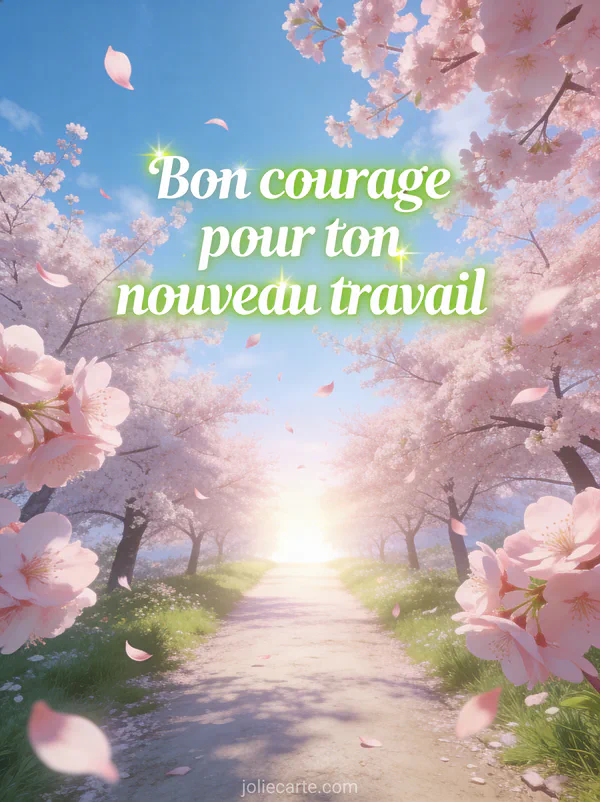 Chemin bordé de cerisiers en fleurs roses menant vers un horizon lumineux avec des pétales volant dans le vent avec le texte Bon courage pour ton nouveau travail