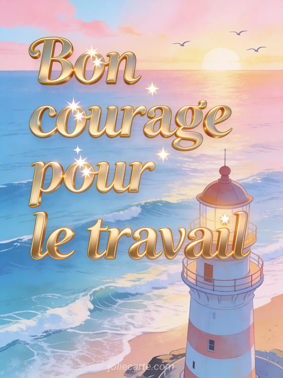 Phare au bord de la mer au lever du soleil avec des vagues calmes et un ciel aux couleurs pastel rose et bleu avec le texte Bon courage pour le travail