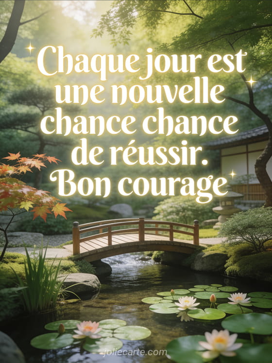 Jardin japonais avec un petit pont en bois au-dessus d'un ruisseau, nénuphars en fleurs et érables verts avec le texte Chaque jour est une nouvelle chance de réussir