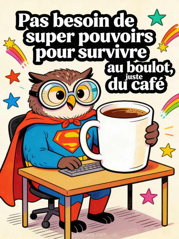 Hibou avec des lunettes surdimensionnées portant une cape de super-héros assis à un bureau avec une tasse de café géante