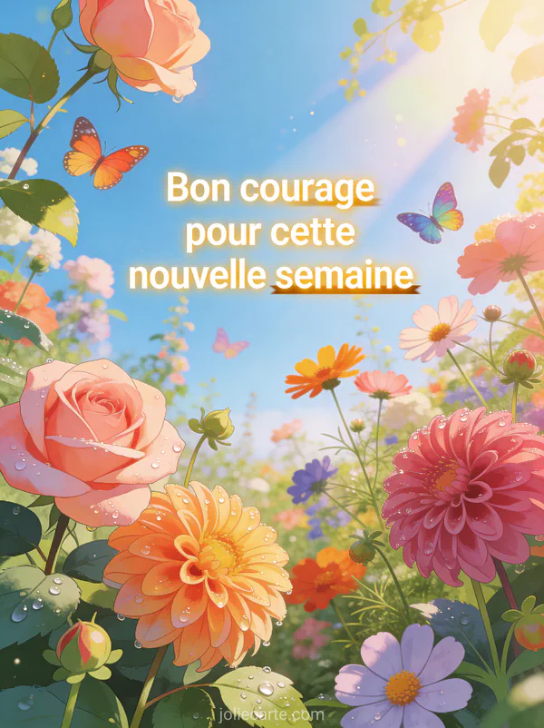 Jardin fleuri luxuriant au matin avec des roses, dahlias et cosmos multicolores, rosée sur les pétales et papillons colorés avec le texte Bon courage pour cette nouvelle semaine