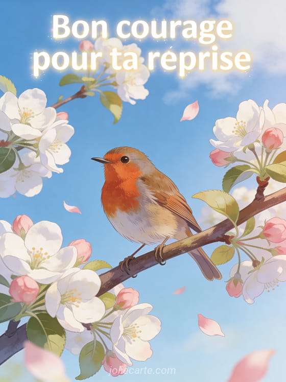 Rouge-gorge perché sur une branche de pommier en fleurs avec des pétales blancs et roses tombant doucement sous un ciel bleu clair avec le texte Bon courage pour ta reprise