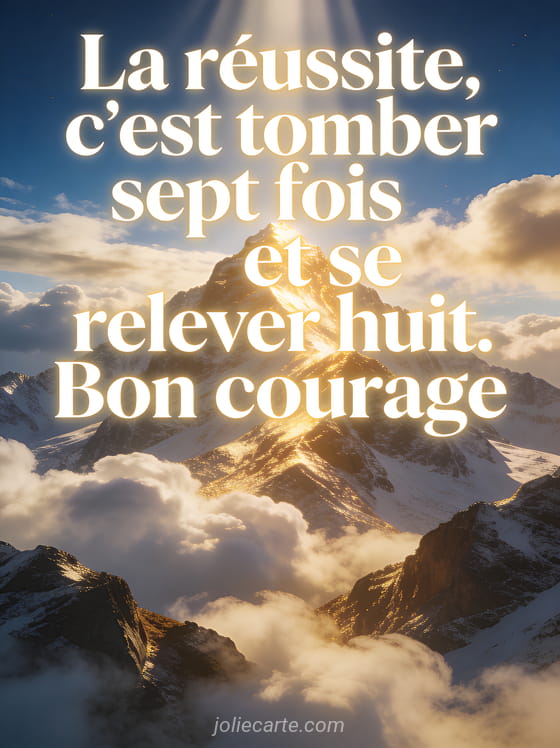 Paysage de montagne au sommet baigné de lumière dorée avec des nuages en dessous et des rayons de soleil perçant le ciel bleu profond