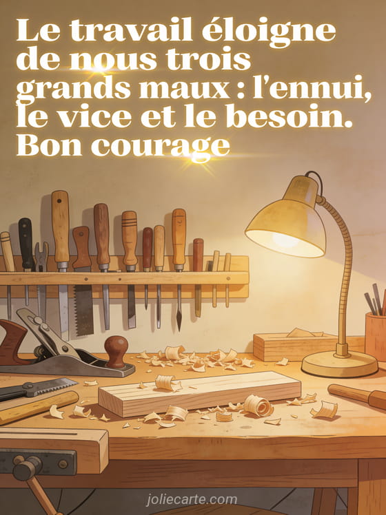 Atelier d'artisan chaleureux avec des outils en bois bien rangés, lumière chaude d'une lampe et copeaux de bois