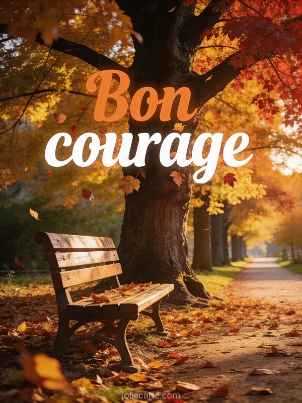 Paysage d'automne avec une allée bordée d'arbres aux feuilles dorées et rouges, sol tapissé de feuilles et banc en bois sous un grand chêne