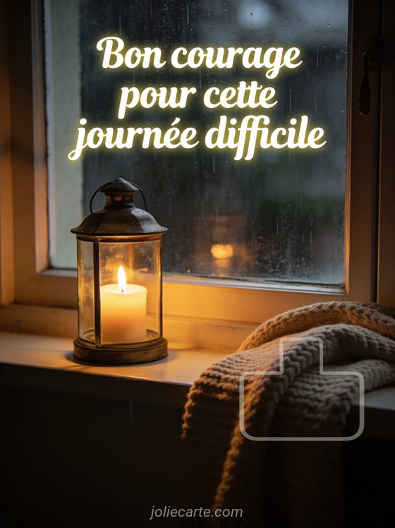 Bougie allumée dans une lanterne en verre sur un rebord de fenêtre avec la pluie visible derrière la vitre et une couverture tricotée à côté