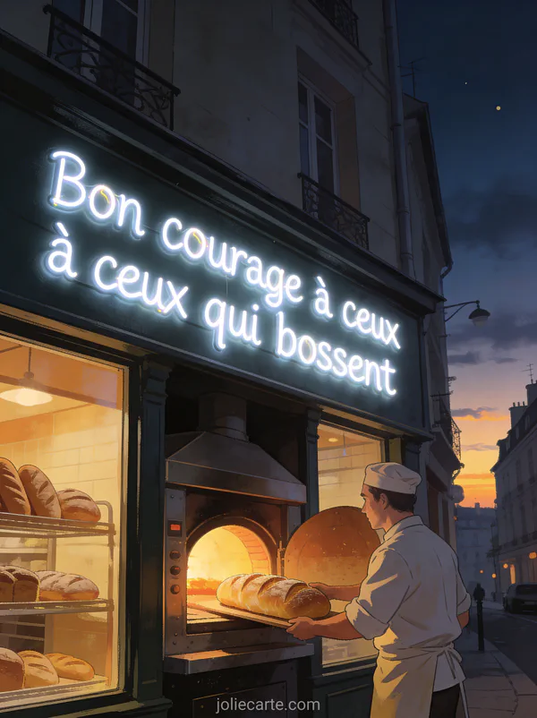 Scène de rue au petit matin avec un boulanger sortant du pain de son four, lumière chaude de la boutique et premières lueurs de l'aube dans le ciel