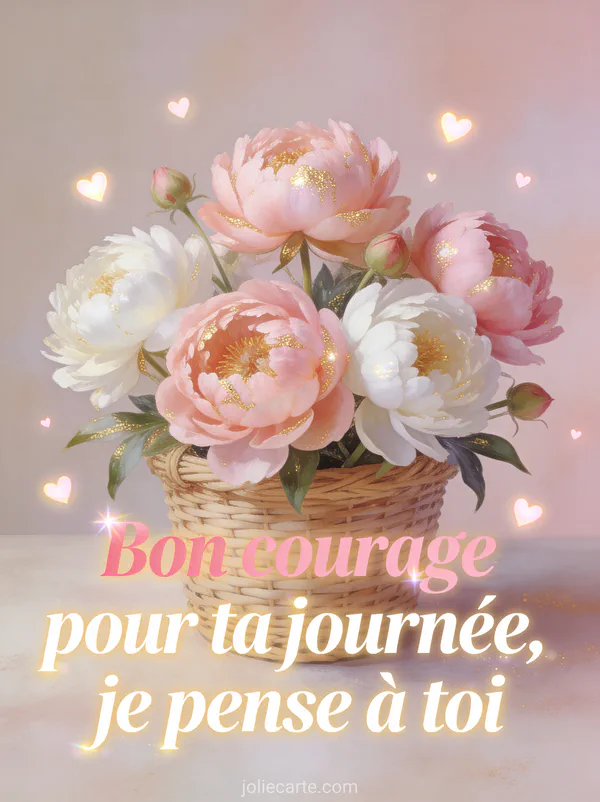 Arrangement de pivoines roses et blanches dans un panier tressé avec coeurs lumineux et texte Bon courage pour ta journée