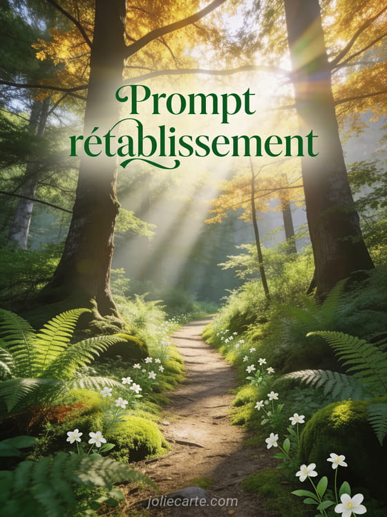 Sentier forestier bordé de fougères et de mousse avec rayons de soleil et le texte Prompt rétablissement