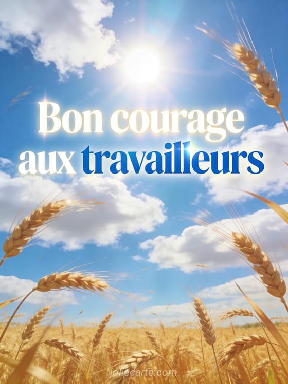 Champ de blé doré sous un grand ciel bleu avec soleil brillant et herbes ondulant dans le vent avec texte Bon courage aux travailleurs
