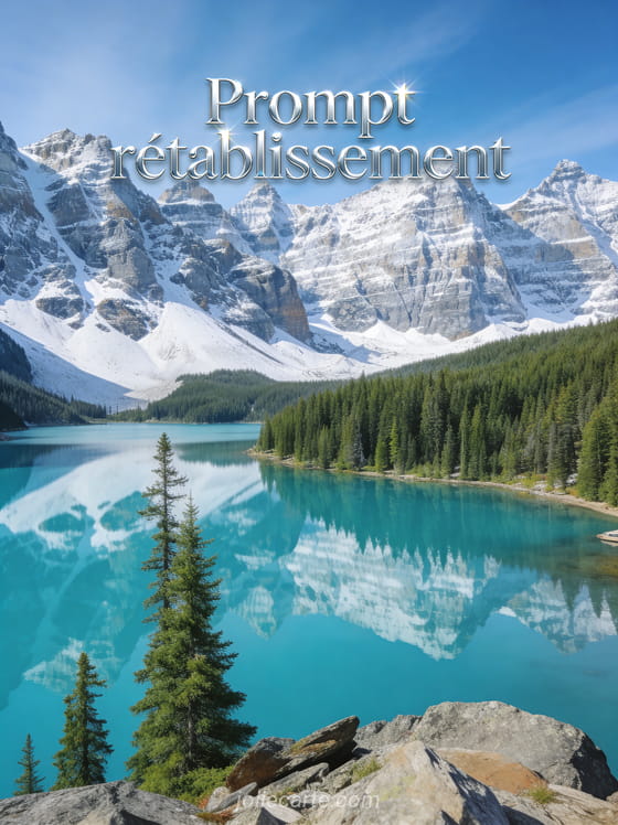 Lac de montagne turquoise entouré de sapins avec montagnes enneigées et le texte Prompt rétablissement