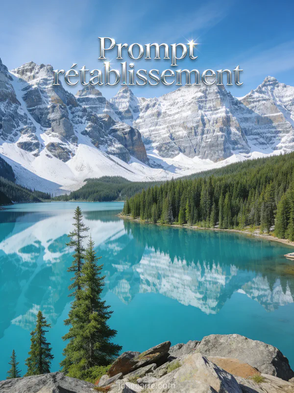 Lac de montagne turquoise entouré de sapins avec montagnes enneigées et le texte Prompt rétablissement