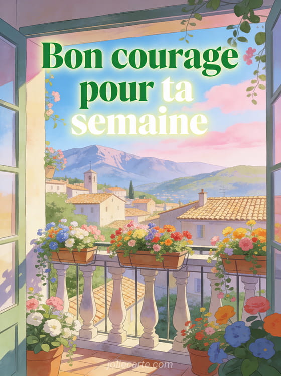 Balcon fleuri avec jardinières colorées et vue sur un village provençal avec montagnes et ciel matinal rose avec texte Bon courage pour ta semaine