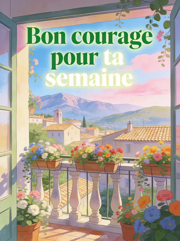 Balcon fleuri avec jardinières colorées et vue sur un village provençal avec montagnes et ciel matinal rose avec texte Bon courage pour ta semaine