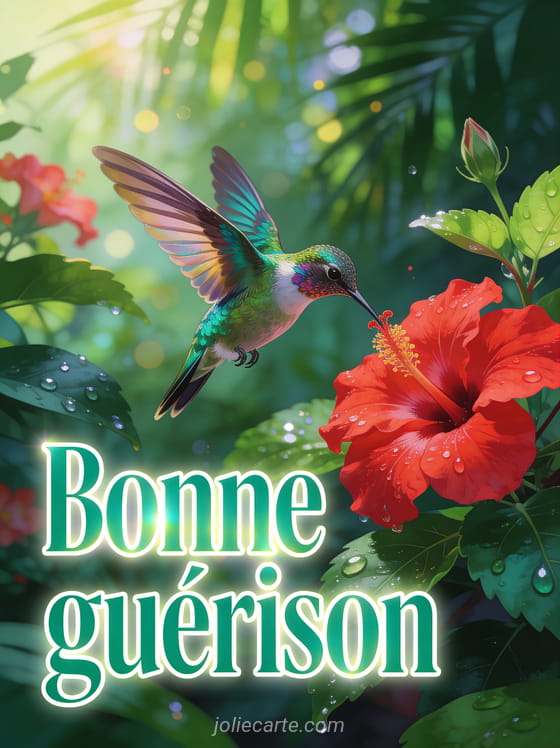 Colibri irisé butinant un hibiscus rouge dans un jardin tropical avec le texte Bonne guérison