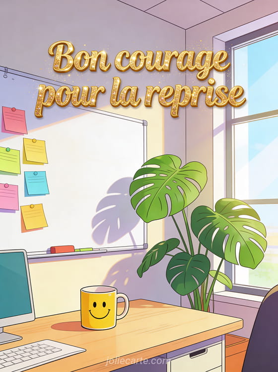 Espace de travail inspirant avec tableau blanc, post-it colorés, plante monstera et mug smiley sous lumière naturelle avec texte Bon courage pour la reprise