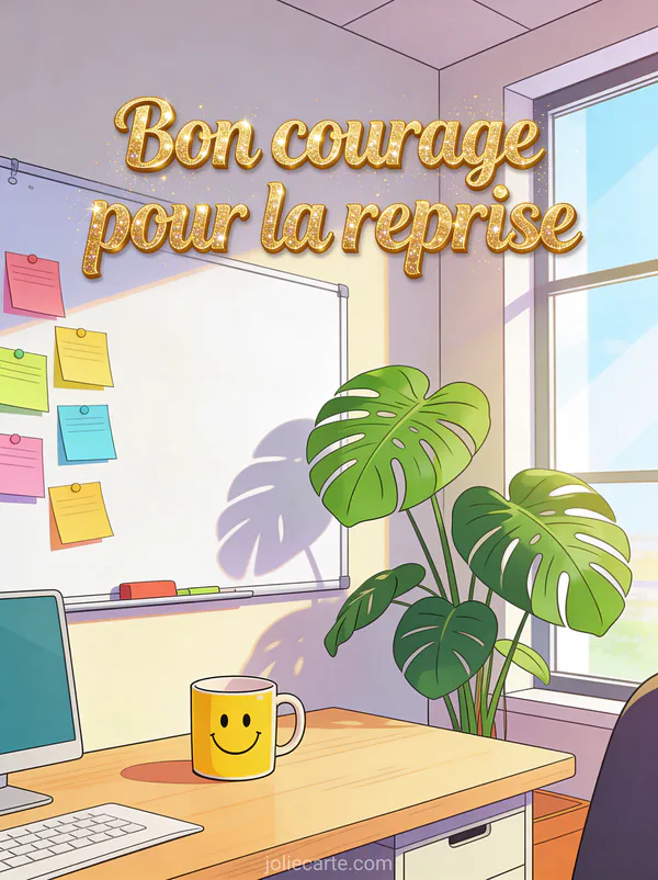 Espace de travail inspirant avec tableau blanc, post-it colorés, plante monstera et mug smiley sous lumière naturelle avec texte Bon courage pour la reprise