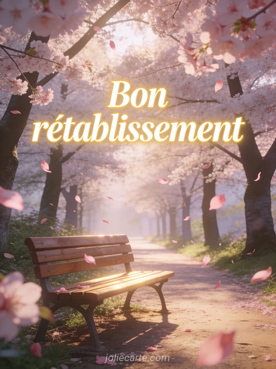 Allée de cerisiers en fleurs avec pétales roses qui volent et banc en bois sous les arbres avec le texte Bon rétablissement