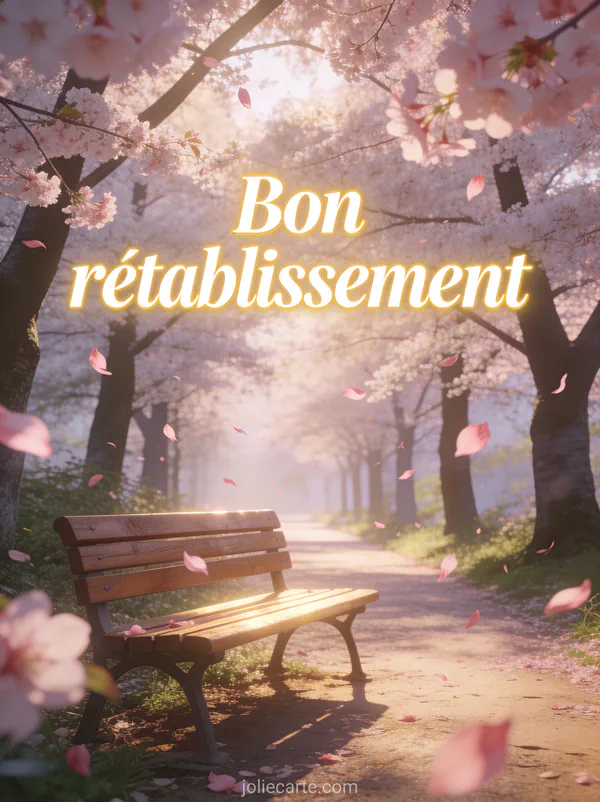 Allée de cerisiers en fleurs avec pétales roses qui volent et banc en bois sous les arbres avec le texte Bon rétablissement