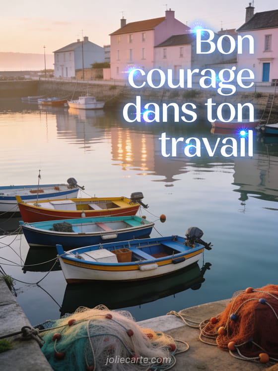 Petit port de pêche au matin avec barques colorées amarrées, reflets dans l'eau calme et maisons pastel avec texte Bon courage dans ton travail
