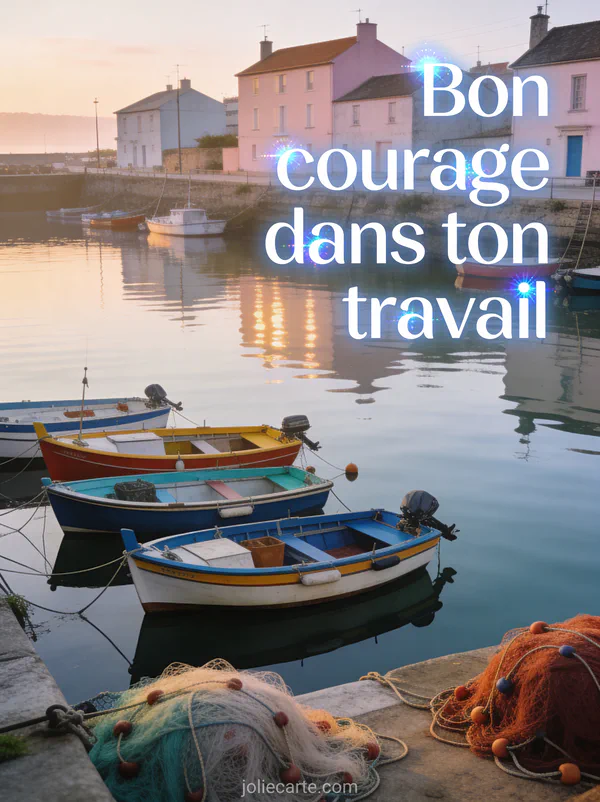 Petit port de pêche au matin avec barques colorées amarrées, reflets dans l'eau calme et maisons pastel avec texte Bon courage dans ton travail