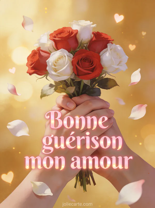 Mains enlacées tenant un bouquet de roses rouges et blanches avec pétales et coeurs lumineux et le texte Bonne guérison mon amour