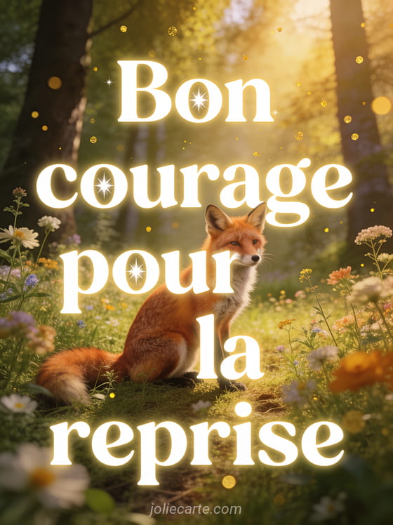 Renard roux assis dans une clairière ensoleillée entouré de fleurs sauvages avec lumière dorée filtrant entre les arbres et texte Bon courage pour la reprise
