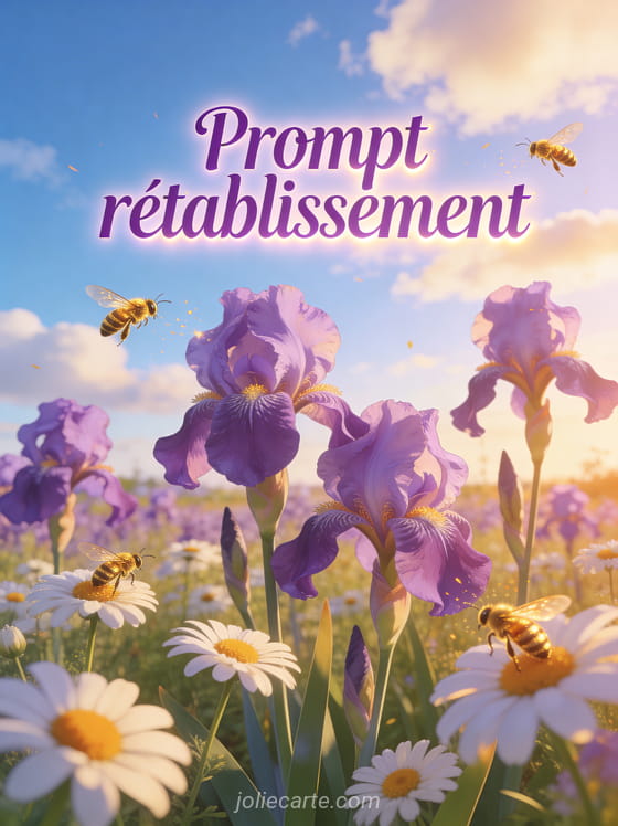 Champ d'iris violets et de marguerites blanches sous un ciel bleu avec abeilles dorées et le texte Prompt rétablissement