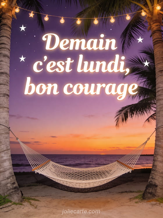 Coucher de soleil dominical aux teintes violettes et orangées vu depuis un hamac entre deux palmiers avec guirlande lumineuse et texte Demain c'est lundi bon courage