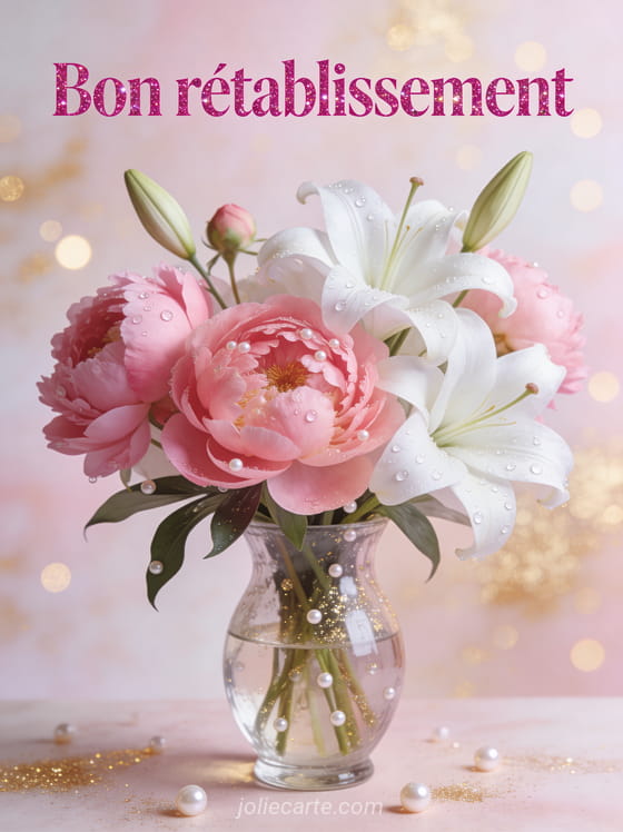 Arrangement floral de pivoines roses et de lys blancs dans un vase en verre avec perles de rosée et le texte Bon rétablissement