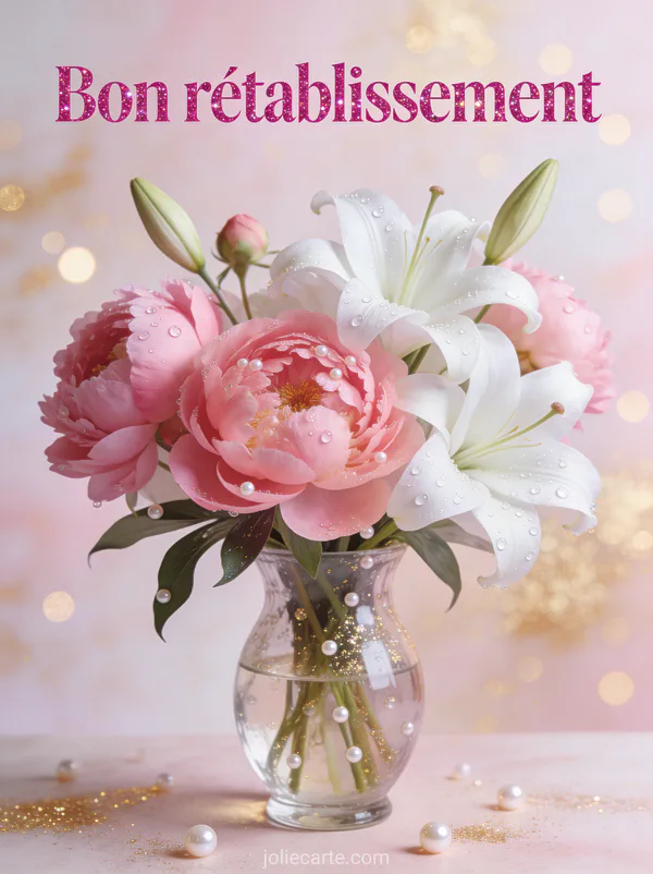 Arrangement floral de pivoines roses et de lys blancs dans un vase en verre avec perles de rosée et le texte Bon rétablissement